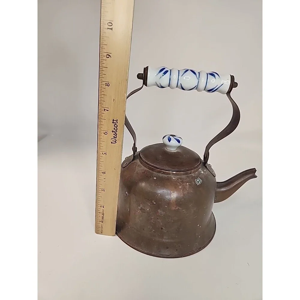 Copper Tea Kettle with Delft Blue Ceramic Handle & Knob Kitchen Farmhouse Pot